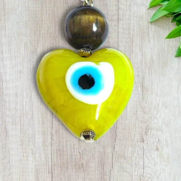 Hand Crafted Purse Pet Charm Tiger’s Eye Yellow Heart Evil Eye Brown Spiritual - Picture 5 of 6